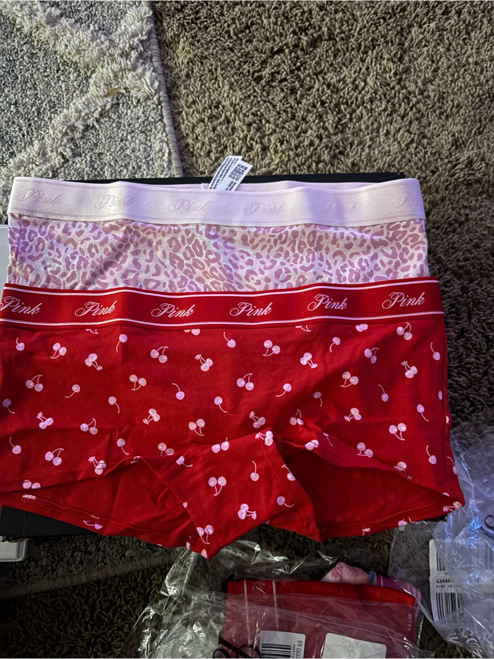PINK Victoria's Secret Red Cherry & Pink Leopard Boyshort Set